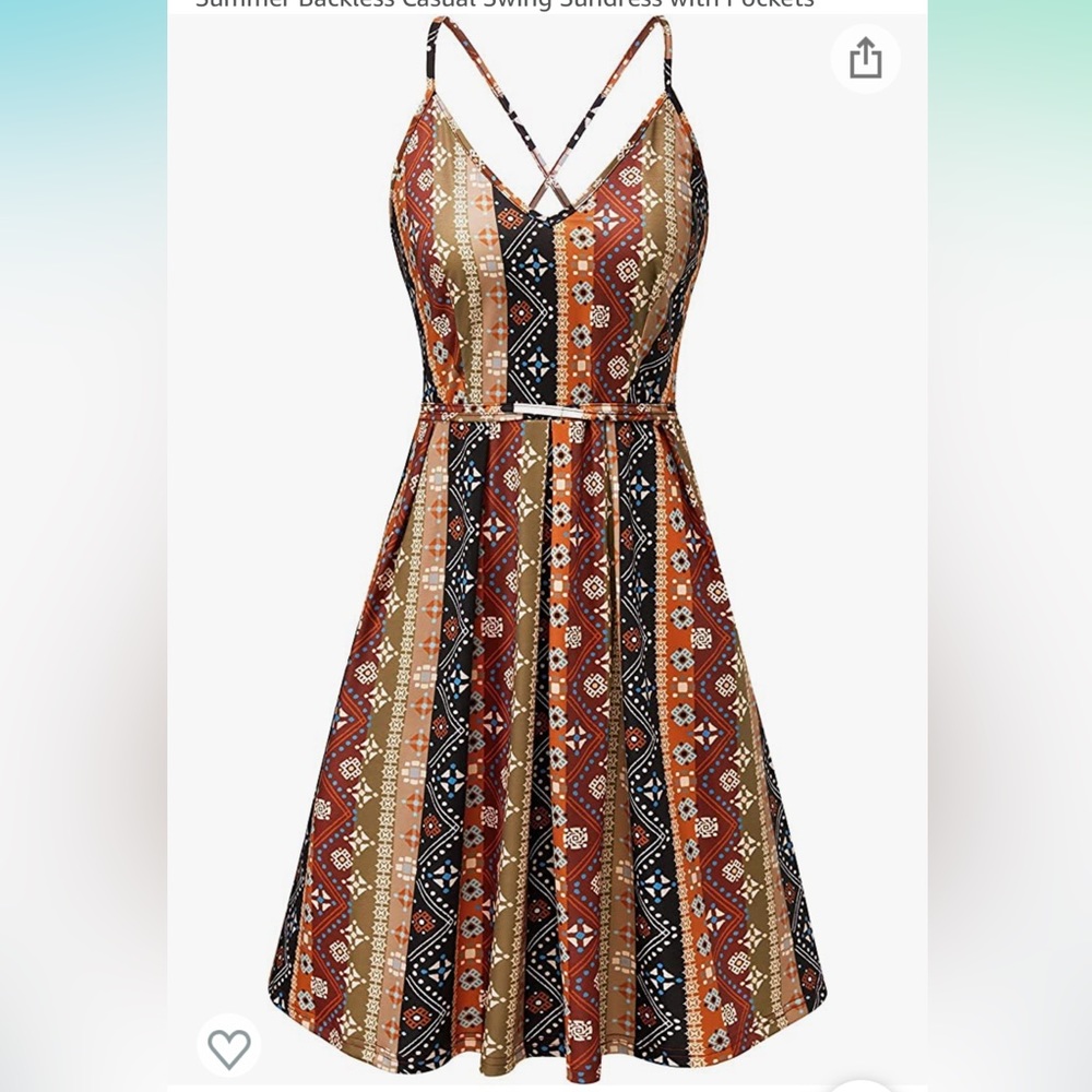 Sundress NEW Geometric Print Brown Black Rust Beige CrissCross Strappy Dress